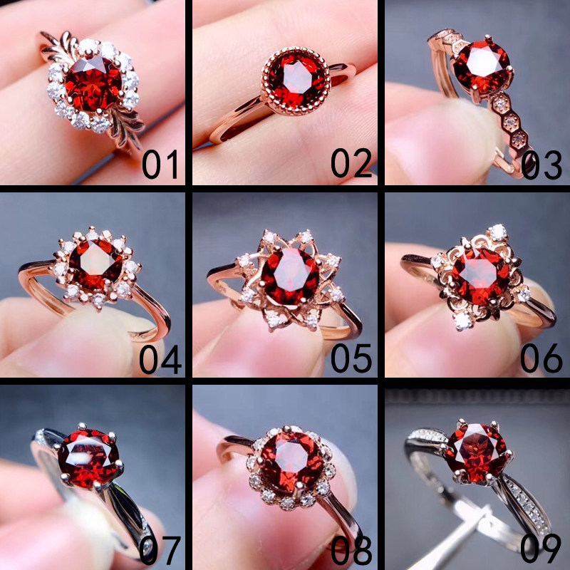 天然石榴石戒指女款S925银时尚简约风红宝石戒指女生日节日礼物