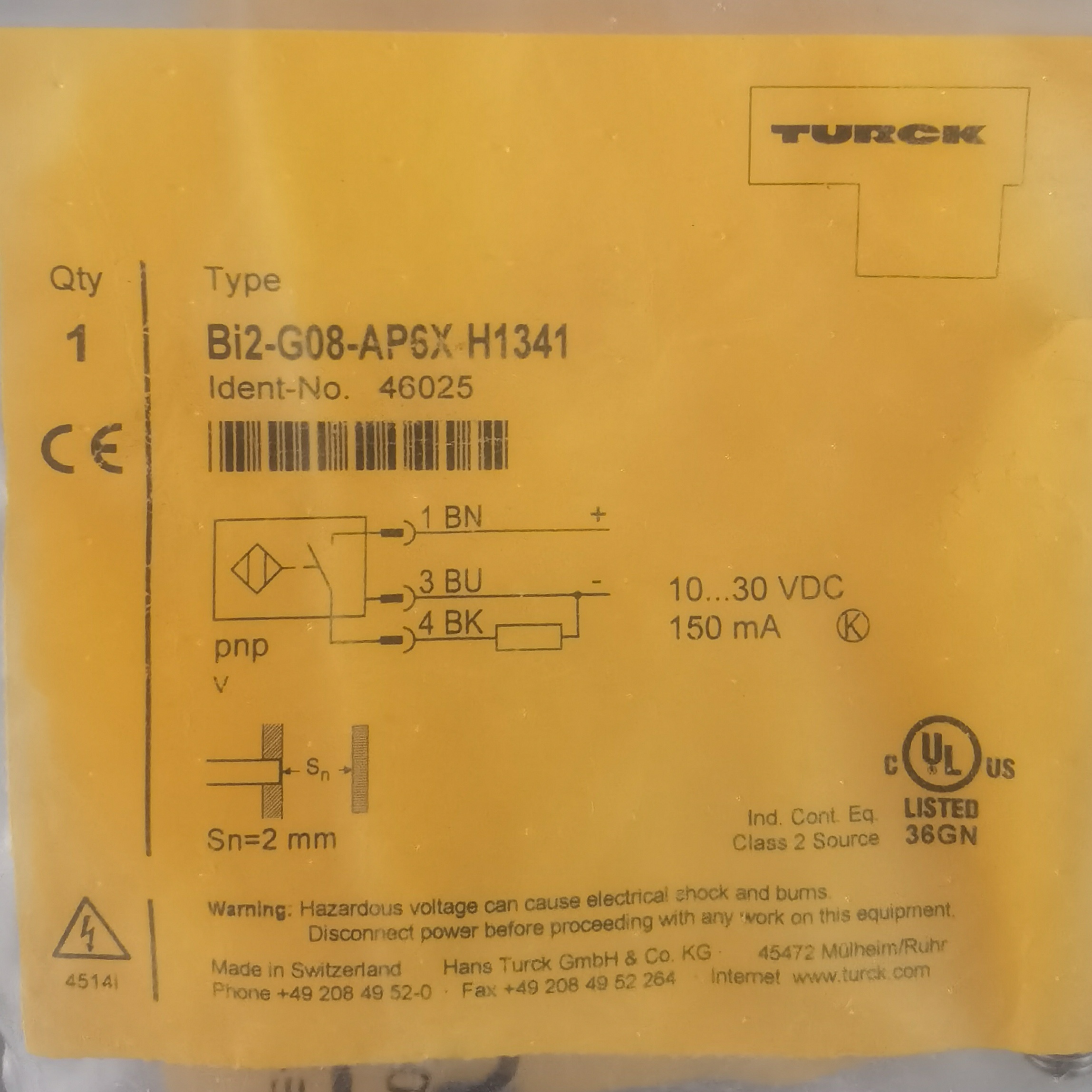 图尔克 传感器Bi2-G08-AP6X-H1341 订货号46025全新带包装