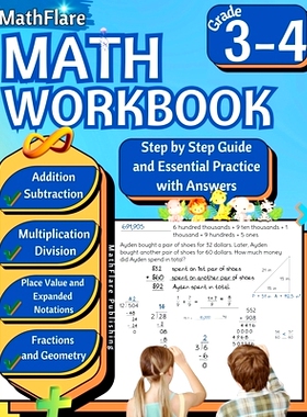 预订 MathFlare - Math Workbook 3rd and 4th Grade: Math Workbook Grade 3-4: Addition, Subtraction, Multiplication and Div