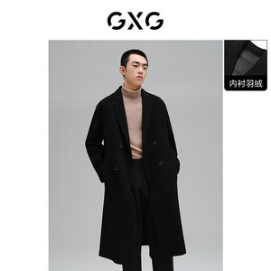 GXG男装 男士黑色长款翻领夹羽绒大衣 21年冬季新品