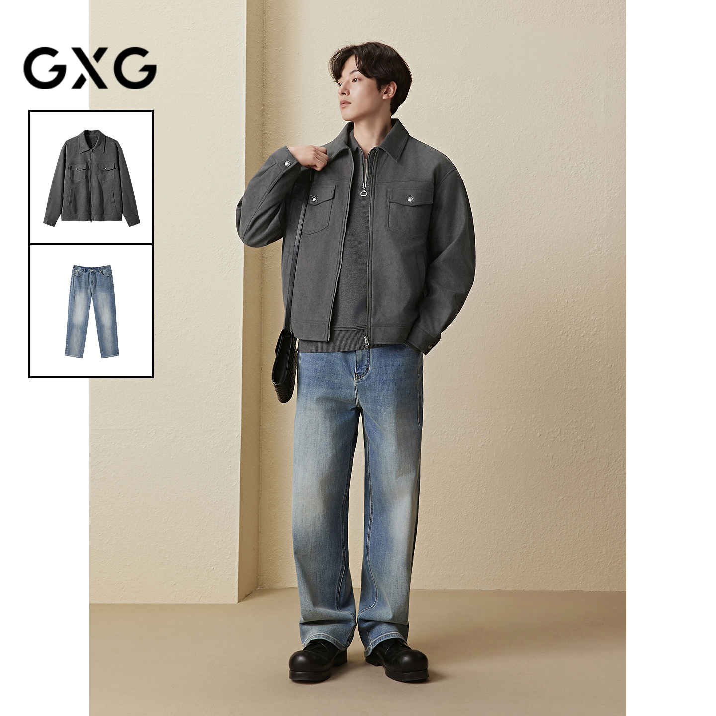 GXG男装 25年秋季新品满印复古肌理夹克重磅竹节纹牛仔裤通勤套装