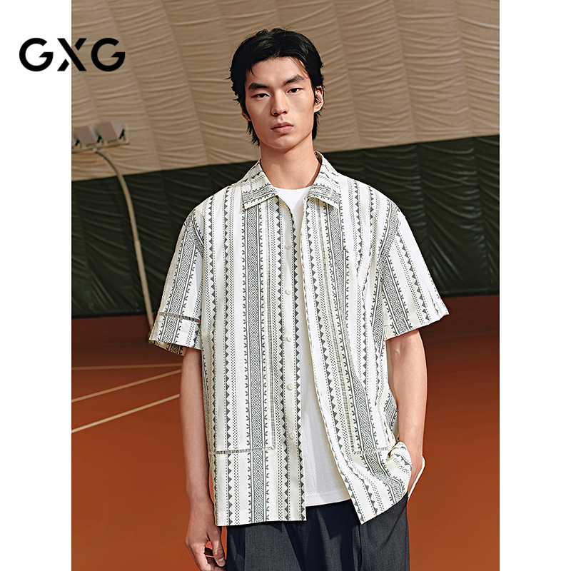 GXG男装 米白提花休闲衬衫小清新短袖衬衫25年夏季新品G25X232022