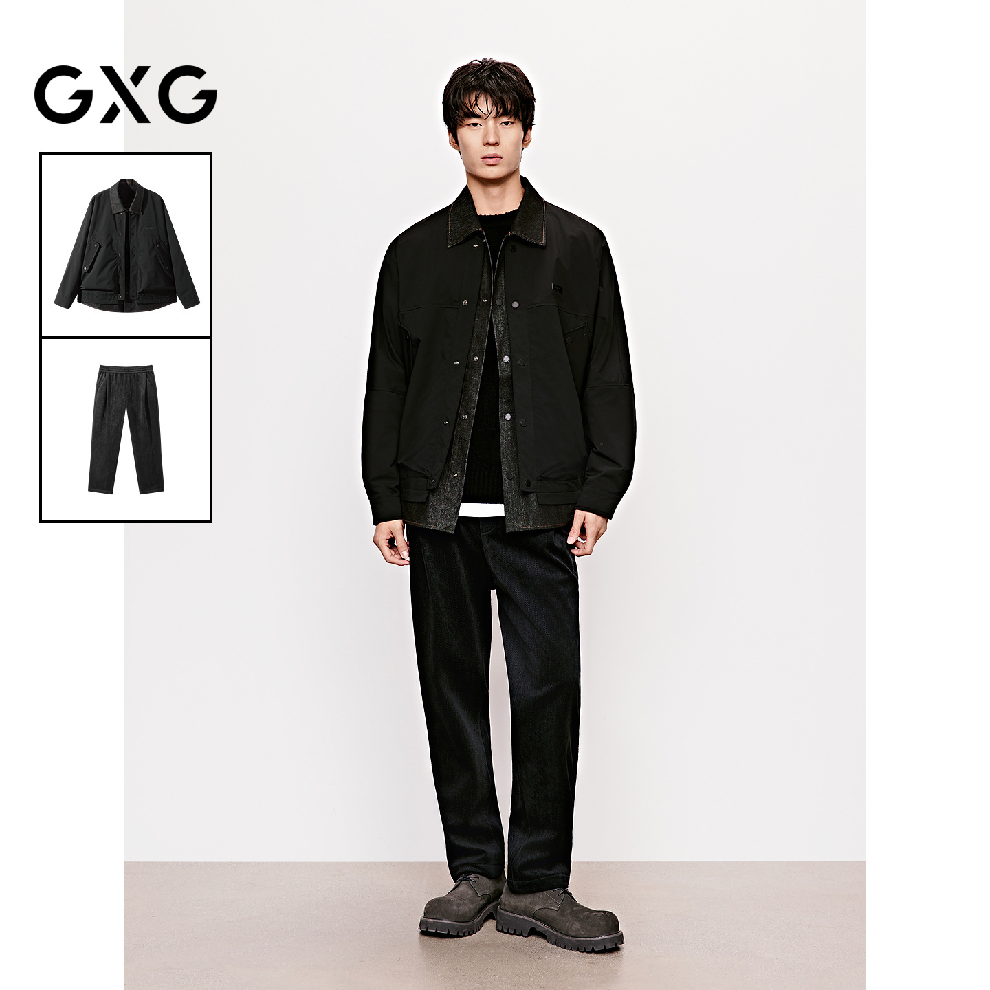 GXG男装 25年冬季新品拼接假两件夹克绒感肌理锥形西裤通勤套装