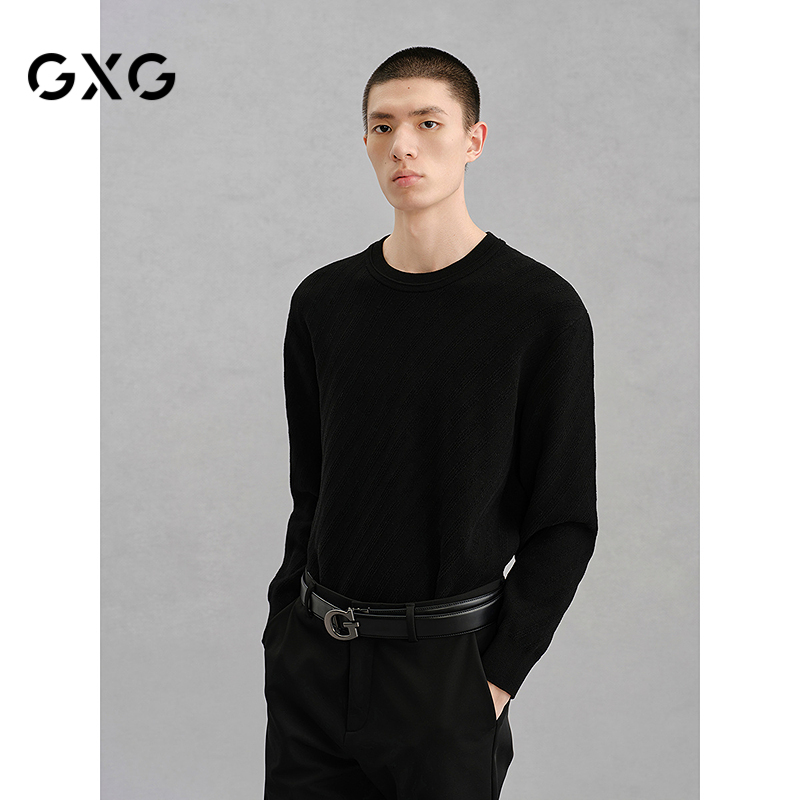 GXG男装 商场同款黑色圆领基础线衫通勤男毛衣 24年冬G24X204043