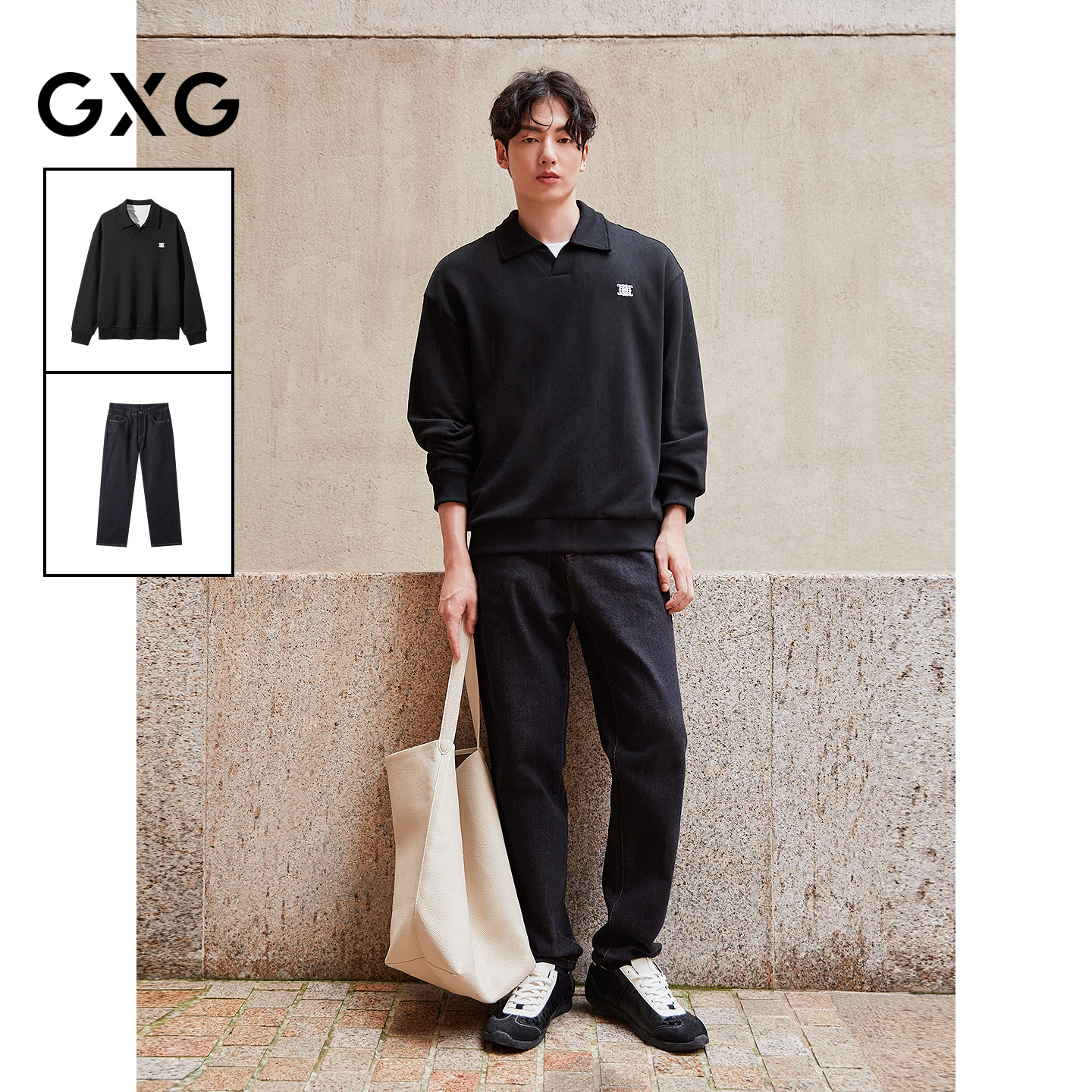 GXG男装 25年冬季新品假两件翻领套头卫衣不易褪色牛仔裤通勤套装