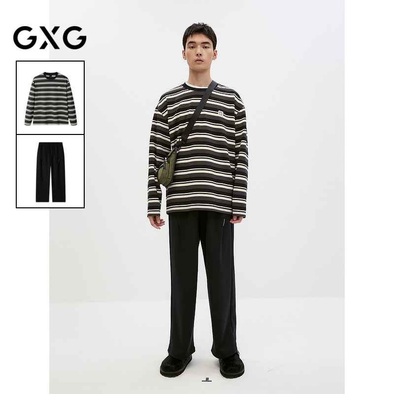 GXG男装 24年秋季新款肌理条纹长袖T恤黑色通勤阔腿长裤休闲套装