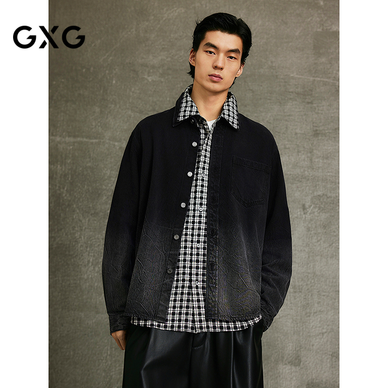GXG男装 黑灰色渐变水洗翻领牛仔衬衫外套25年春季新品G25XE91002