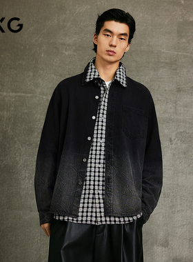 GXG男装 黑灰色渐变水洗翻领牛仔衬衫外套25年春季新品G25XE91002