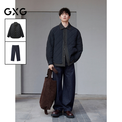 GXG男装 25年冬季新品绗缝拼接假两件夹克不易褪色牛仔裤通勤套装