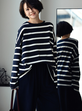 包邮T95205 文艺休闲质感深蓝撞色宽条宽松纯棉秋季打底外穿T恤女