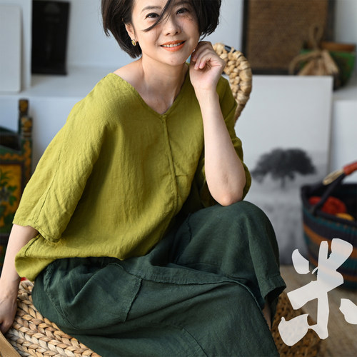 文艺休闲中缝V领显瘦亚麻衬衫