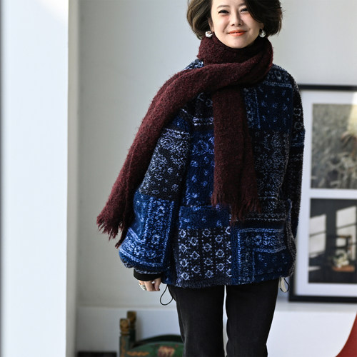 拼色加厚仿羊羔毛套头卫衣女