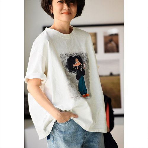 印花宽松纯棉打底加厚短袖T恤