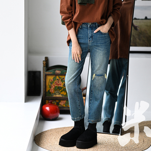 八分直筒牛仔裤 文艺休闲百搭做旧磨破补丁修身 N81833 女2026 包邮