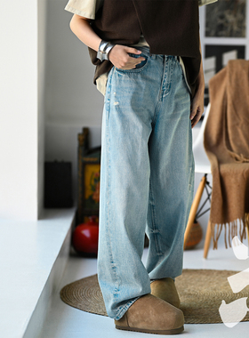 包邮N6218C 洋气文艺休闲百搭宽松破洞老爹裤宽腿浅蓝色牛仔长裤