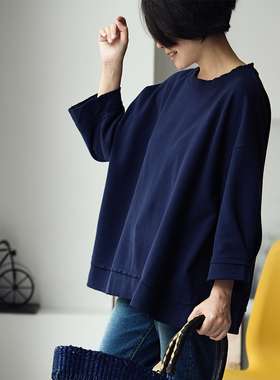 包邮T6703C 文艺休闲简约洋气廓形纯色圆领七分袖加厚大T恤女秋季