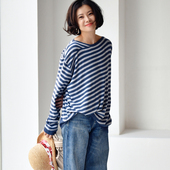 Z2218C文艺休闲气质一字领海军风宽松百搭显瘦条纹针织衫 包邮 女秋