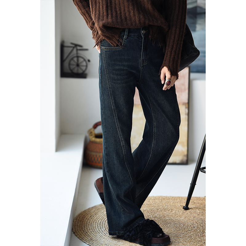 宽松显瘦薄绒高腰阔腿牛仔裤女