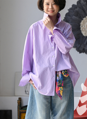 C21715 文艺休闲宽松大版翻领长袖单兜纯棉彩色衬衫女春 新品速递