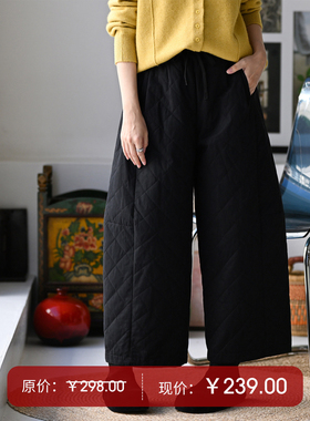 K97500 休闲文艺百搭抽绳松紧腰黑色廓形绗缝菱格棉裤女米兰宣言