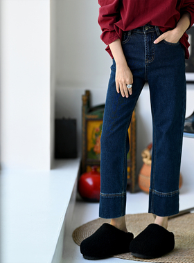 特●N10225 韩版显瘦弹力薄绒九分翻边明线直筒牛仔裤女 米兰宣言