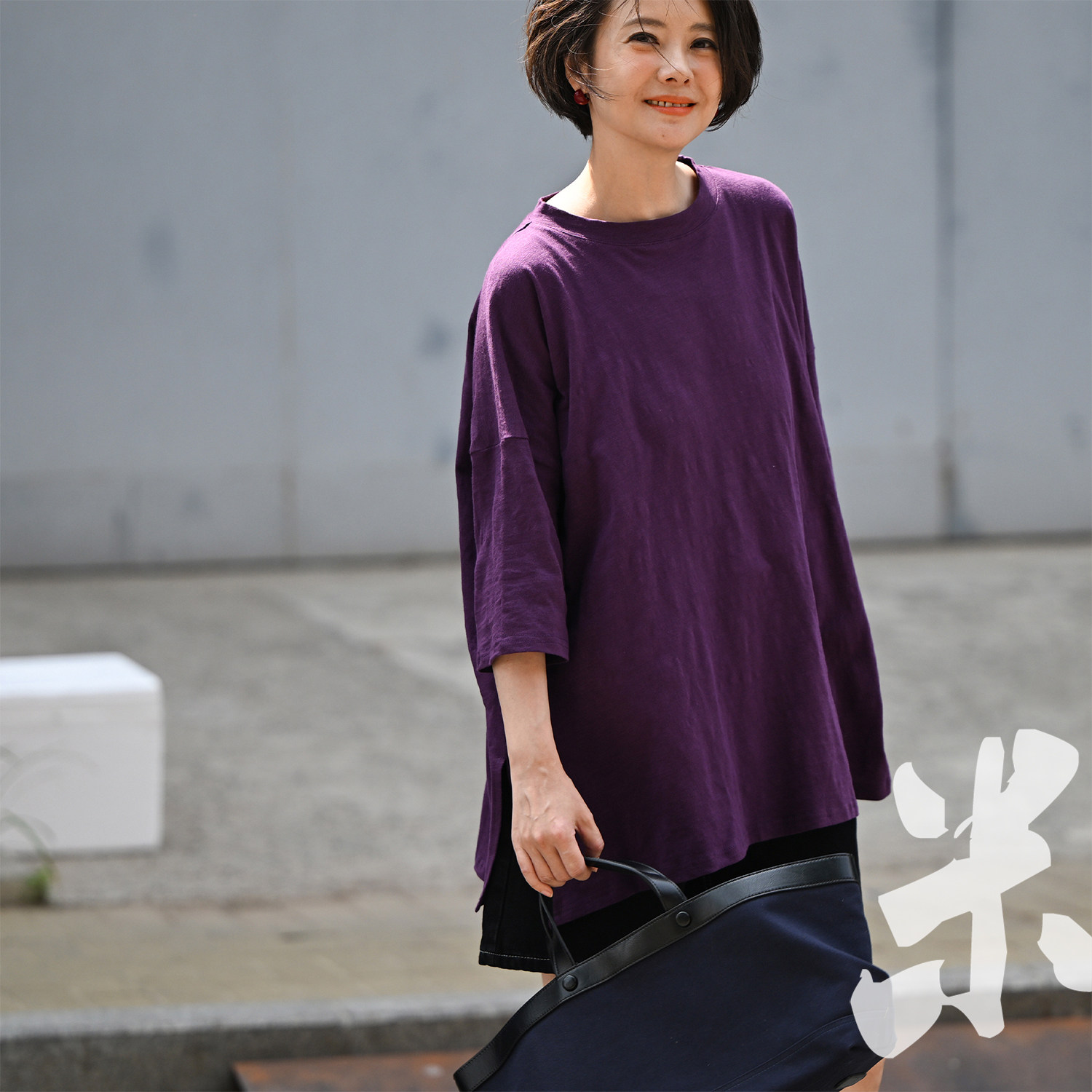 包邮T18932 文艺休闲圆领半袖后领装饰宽松纯色竹节棉T恤女