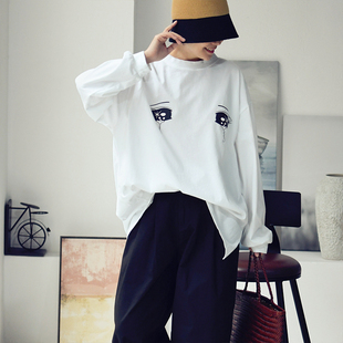 T7722C卡通文艺大眼睛纯棉印花舒适打底外穿长袖 米兰宣言 白T恤女