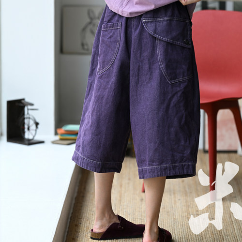 大兜明线七分气球牛仔短裤女秋