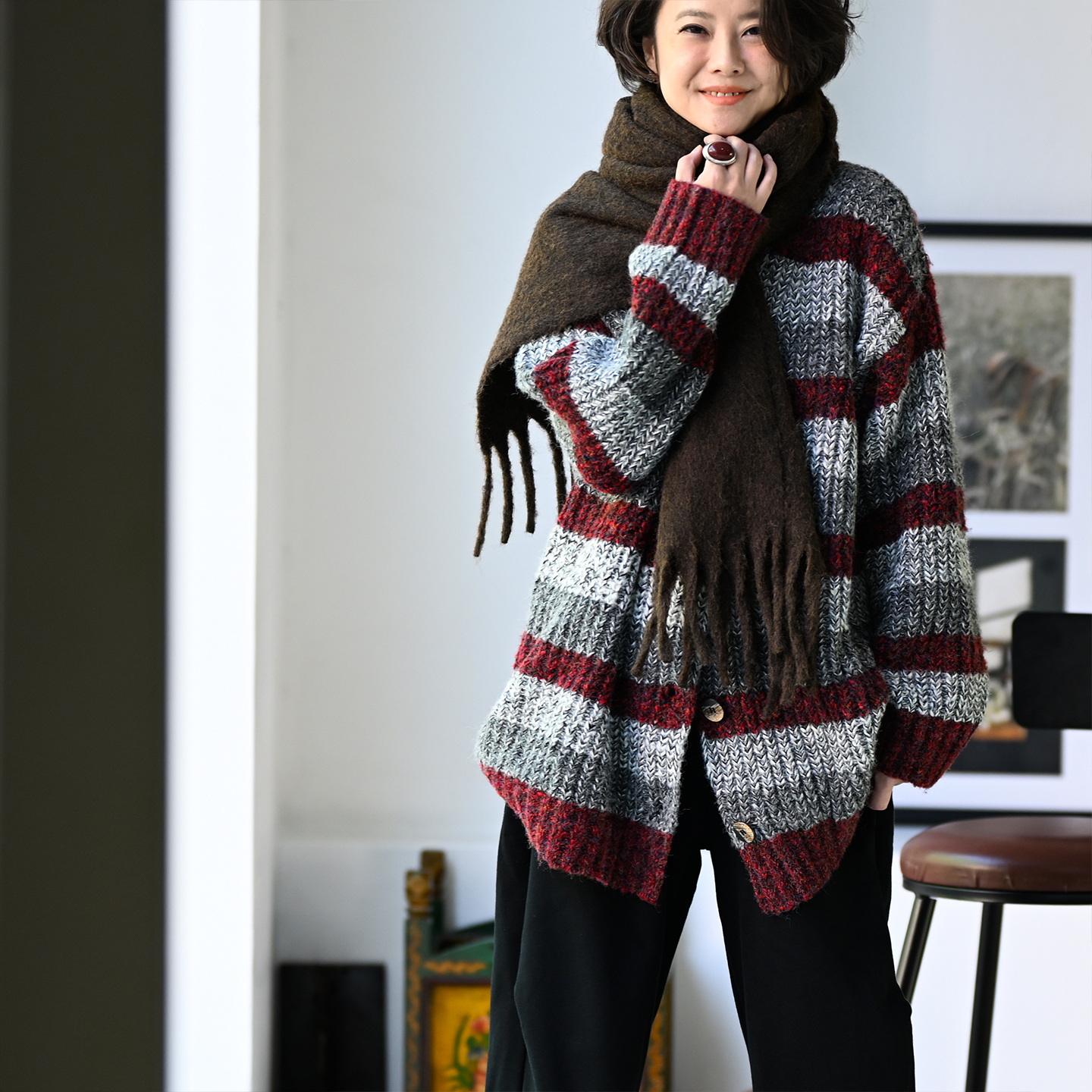 复古条纹显瘦中长款毛衣开衫