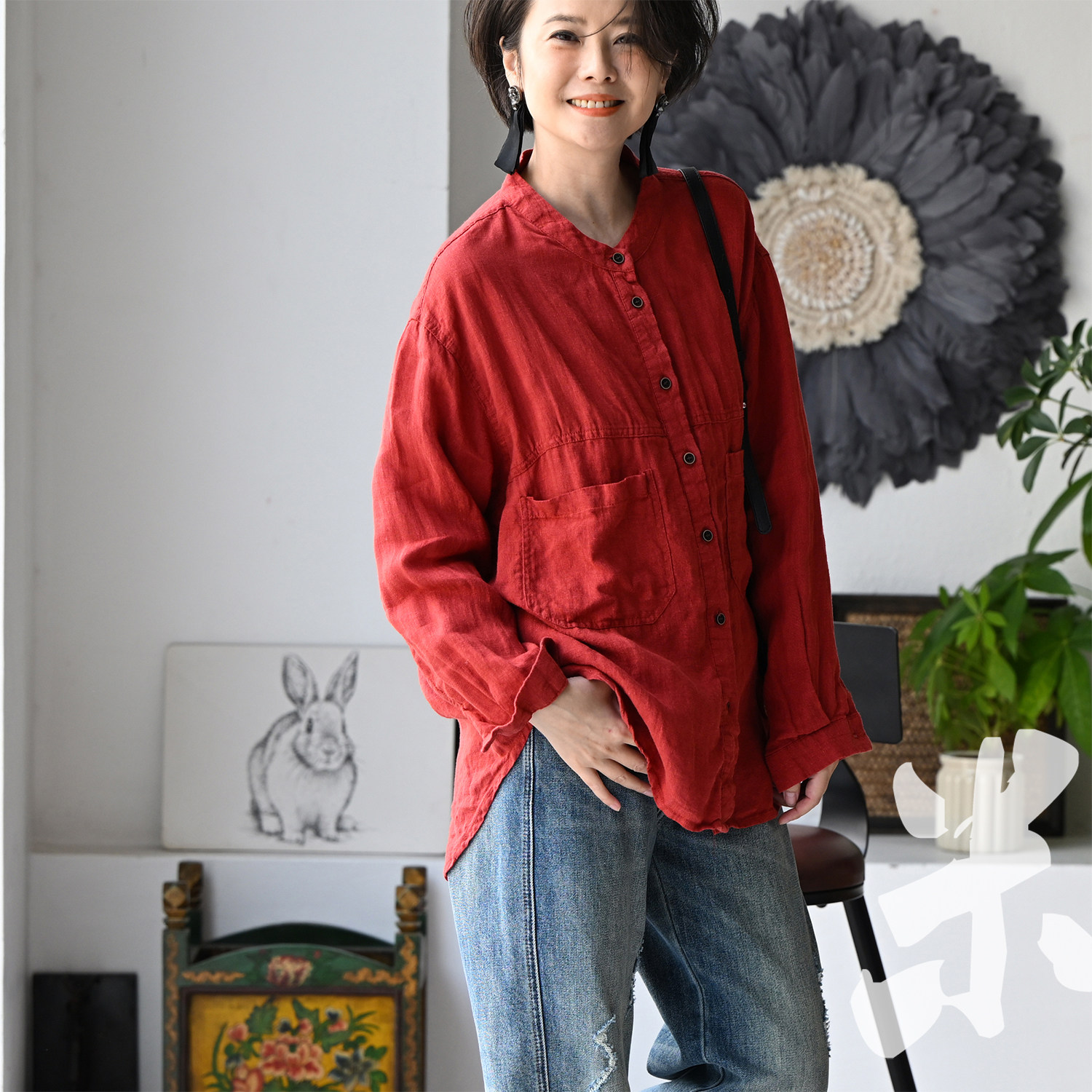 包邮C97330 休闲约会圆领纽扣开襟双兜宽松亚麻长袖衬衫女春