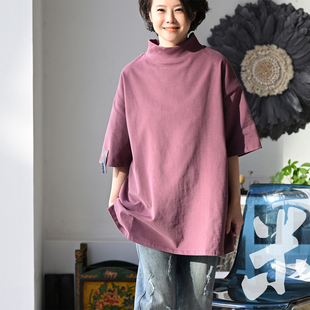 加厚短袖 简约休闲纯色半高领纯棉宽松大版 T19190 T恤女2026 包邮