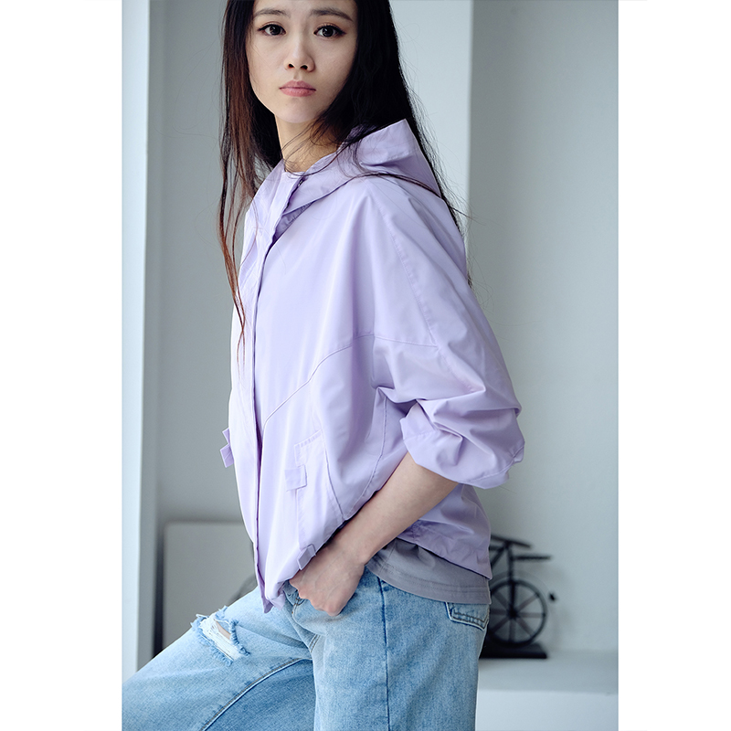 简约宽松前短后长拉链连帽薄外套