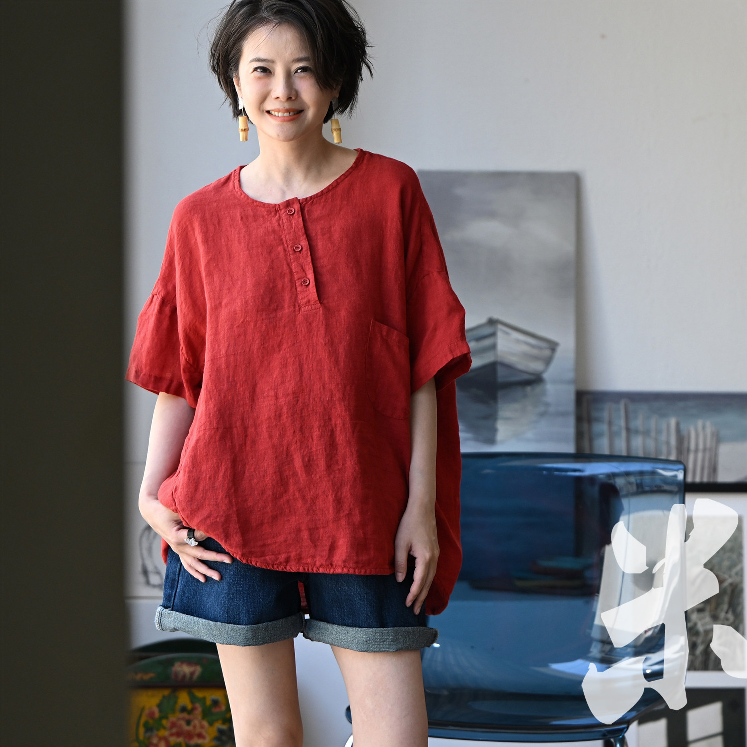 C97620 文艺休闲纯色圆领半襟宽松纽扣短袖亚麻衬衫女夏 米兰宣言