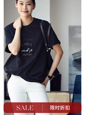 T8032C 文艺夏季百搭纯棉刺绣钉珠亮片装饰中长款大T恤女米兰宣言