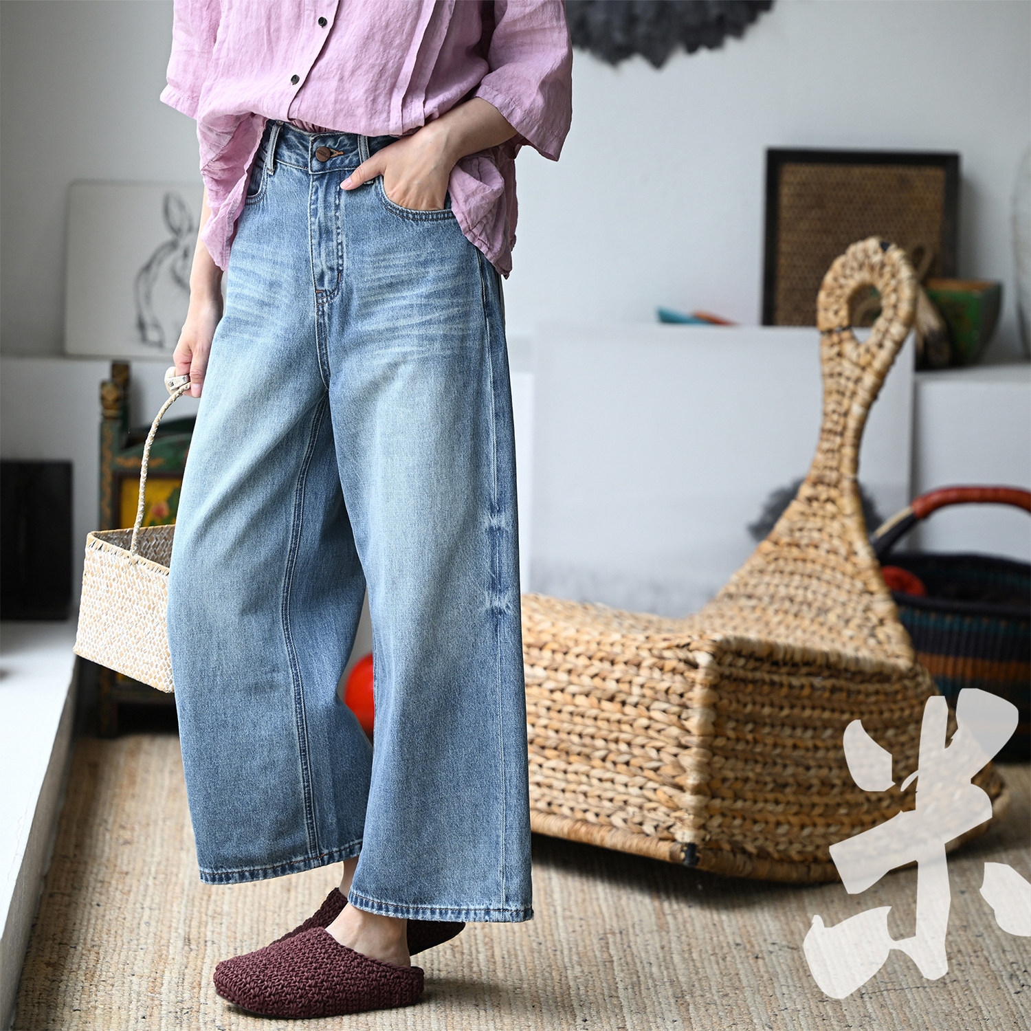 包邮N68081 文艺休闲宽松直筒后兜刺绣磨色九分牛仔裤女26夏