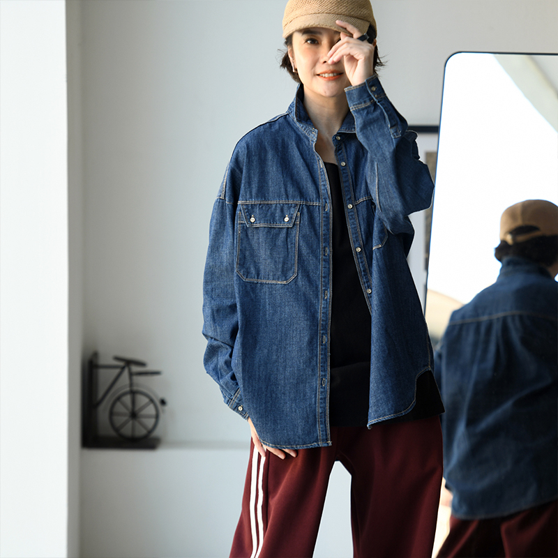 纯棉前短后长明线牛仔衬衫