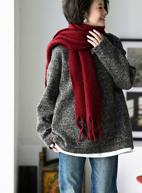 包邮M50769 通勤文艺休闲圆领假两件拼接加薄绒宽松花线毛衣女秋