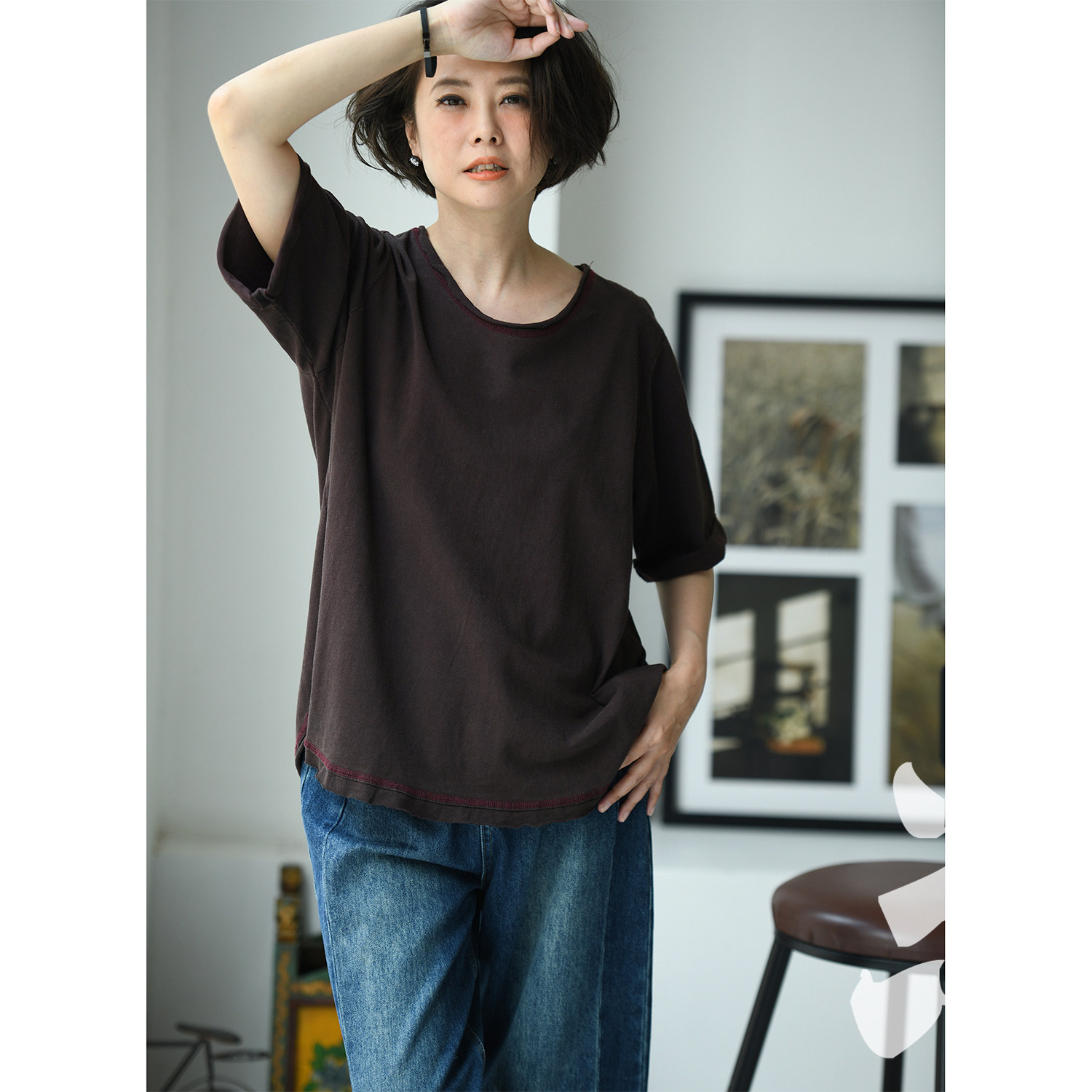 包邮T50210 文艺休闲简约纯棉U领卷边圆摆宽松纯色短袖T恤女26夏