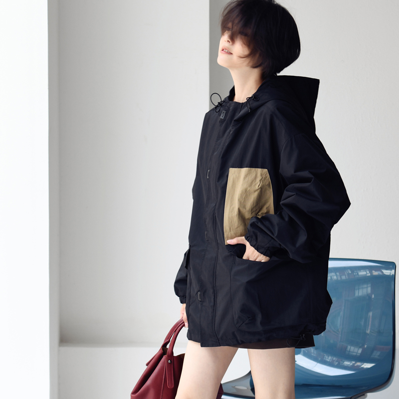 工装风拼色大兜设计连帽拉链外套