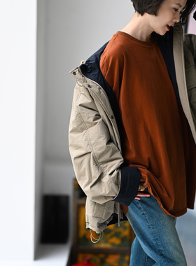 包邮T17261 文艺休闲洋气洗水柔软宽松大版纯棉长袖打底T恤女