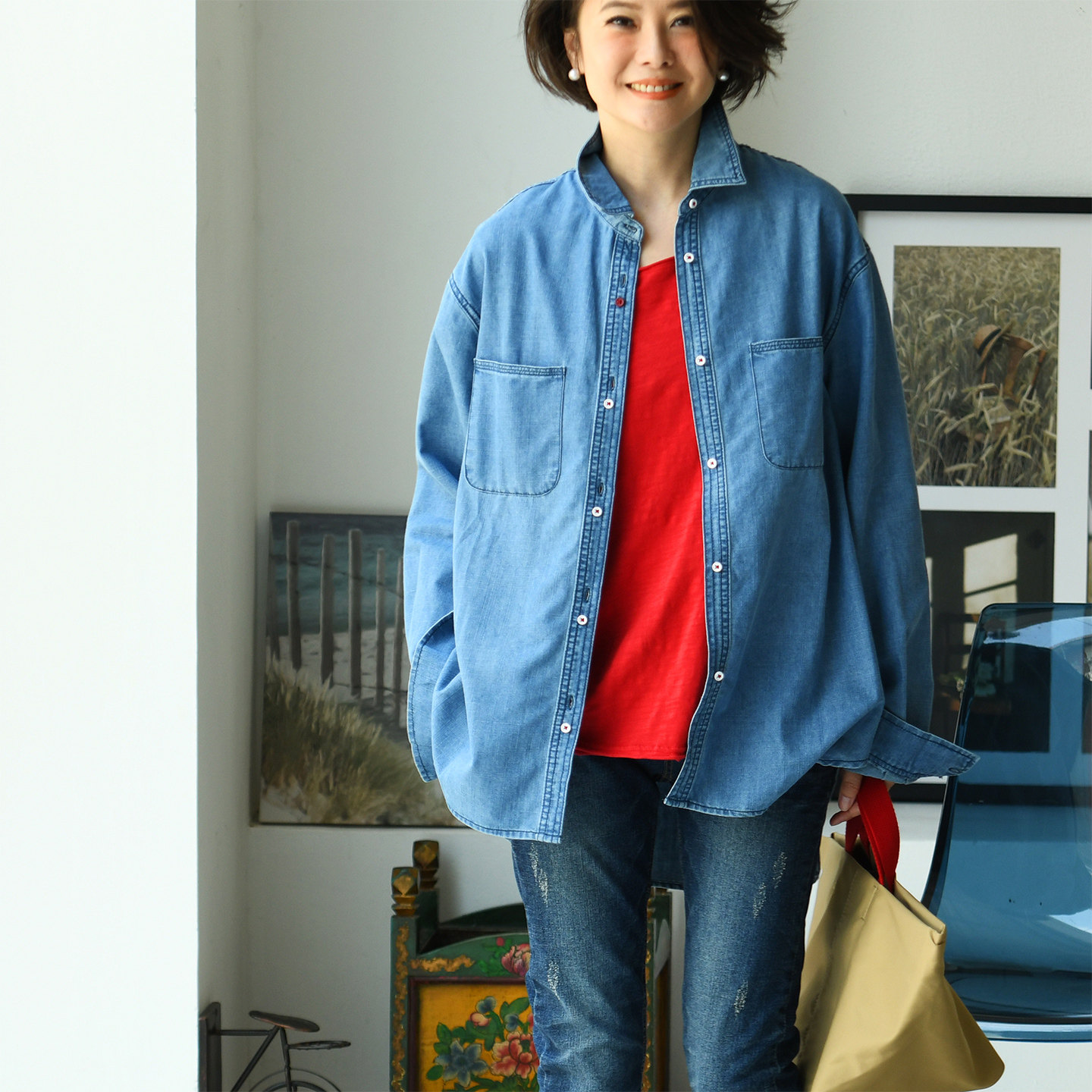 C25872 休闲中性撞色小扣双兜宽松直筒纯棉牛仔衬衫女秋米兰宣言