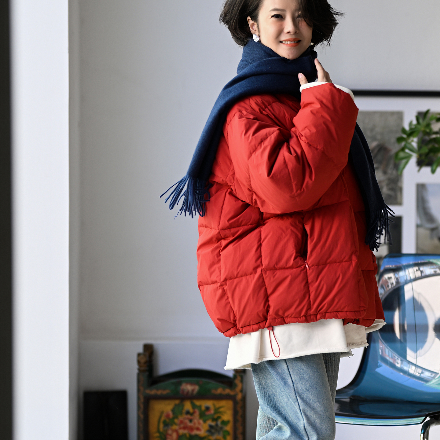 方格压纹宽松大版绗缝羽绒服