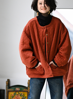 包邮F77885 文艺休闲宽松波浪纹绗缝圆领拉链夹棉外套女25冬