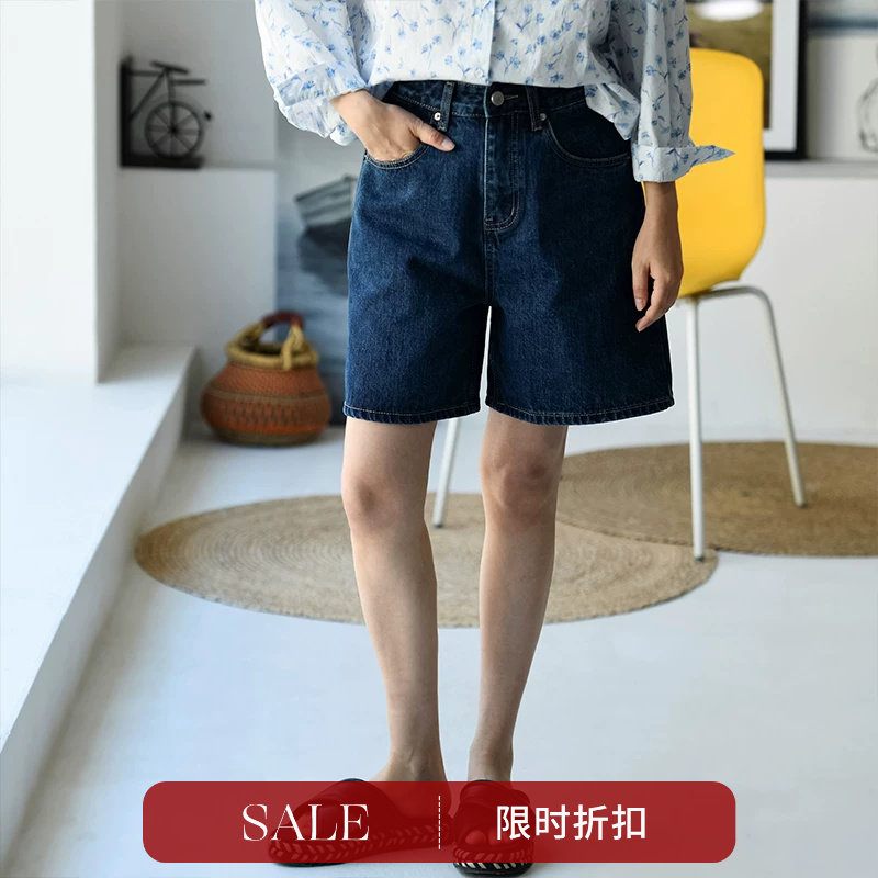 百搭显瘦高腰日系深蓝色牛仔短裤图片