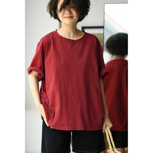 T恤女夏 包邮 T71300 文艺休闲多色简约纯棉百搭侧捏褶宽松圆领短袖