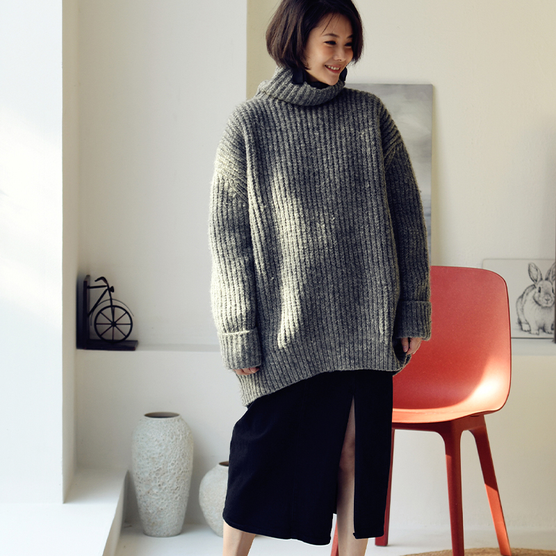 气质慵懒加厚粗线高领套头毛衣