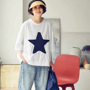 文艺休闲撞色五角星贴布宽松舒适oversize短袖 T6713C T恤女春 包邮