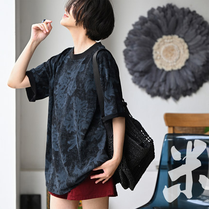 包邮T71720 休闲简约圆领纯棉宽松印花中长款短袖T恤女26夏