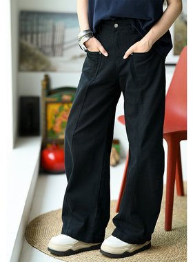 包邮N35220 休闲文艺高腰帅气双兜弹力工装纯色弯刀牛仔裤女25秋