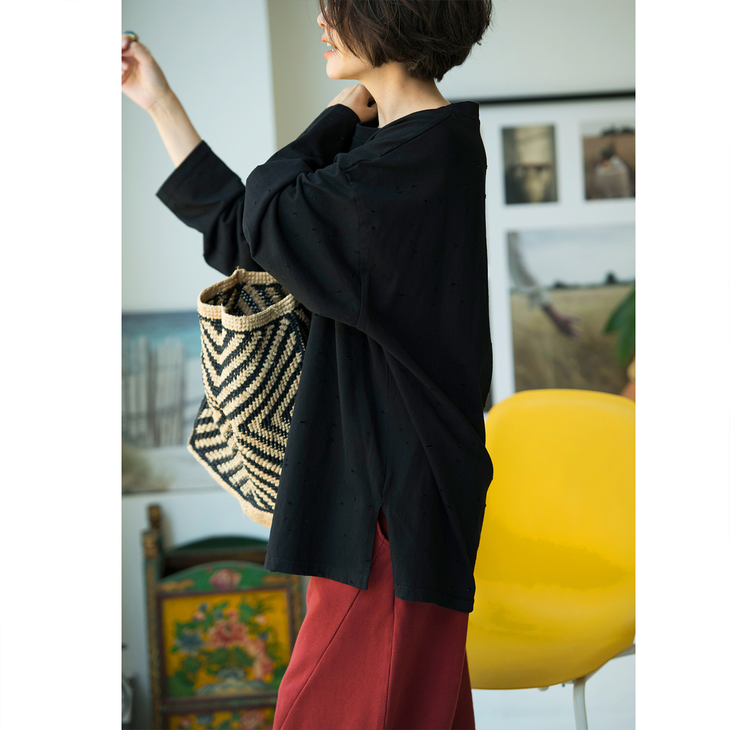 纯棉破洞宽松打底外穿长袖T恤